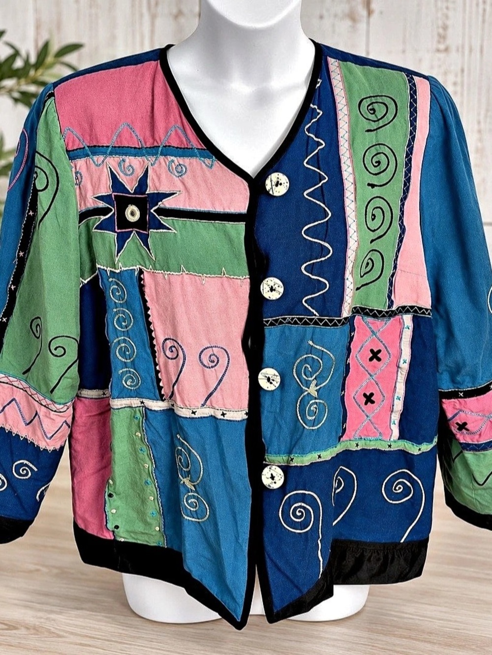 Indigo Moon 1X Boho Patchwork Embroidered Jacket Artsy Cottagecore